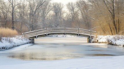 Wall Mural - A serene winter scene featuring a wooden bridge over a frozen river surrounded by snow.