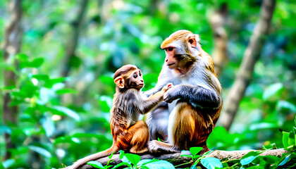 Monkeys in the jungle showing intimate interactions between mother and offspring, reflecting the beauty of natural ecological harmony.