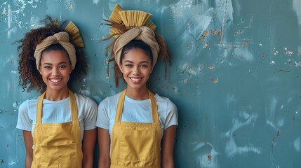 Smiling Women in Yellow Aprons Against Blue Wall