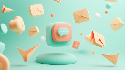 Sticker - A 3D illustration of messaging icons and envelopes, symbolizing communication and connectivity.