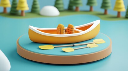 Canvas Print - A stylized yellow canoe with paddles on a circular display in a serene natural setting.