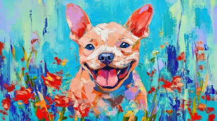 Sticker - A colorful painting of a happy dog surrounded by vibrant flowers.