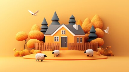 Sticker - A whimsical orange scene featuring a house, trees, and sheep in a serene landscape.