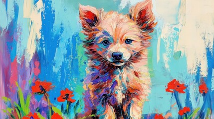 Wall Mural - A vibrant, colorful painting of a dog surrounded by flowers against a bright background.