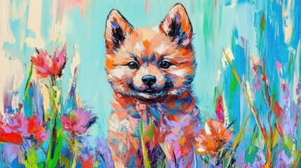 Canvas Print - A vibrant, colorful painting of a dog surrounded by flowers in a lively setting.