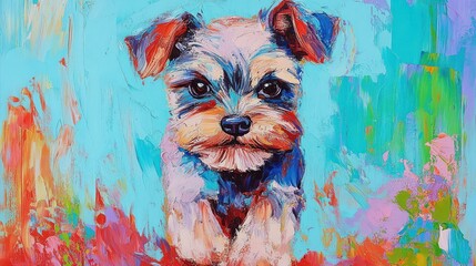 Poster - A vibrant painting of a small dog with expressive features against a colorful background.