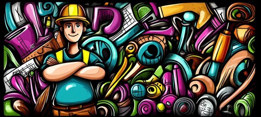 Sticker - A colorful illustration of a construction worker surrounded by various tools and materials.