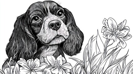 Canvas Print - A detailed illustration of a dog surrounded by flowers, showcasing nature and companionship.