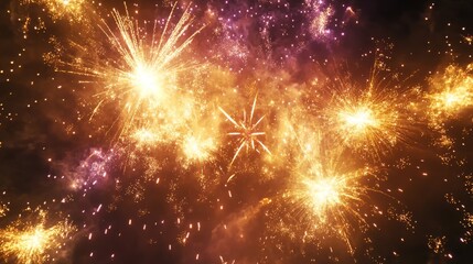 Fireworks new years celebration, abstract transparent background, holiday festive season party city event. Warm yellow gold colourful star fire display illuminate night sky