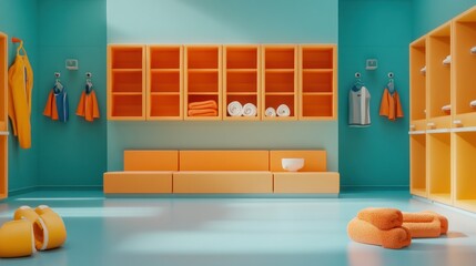 Sticker - A vibrant locker room with orange accents and blue walls, designed for leisure and sports activities.