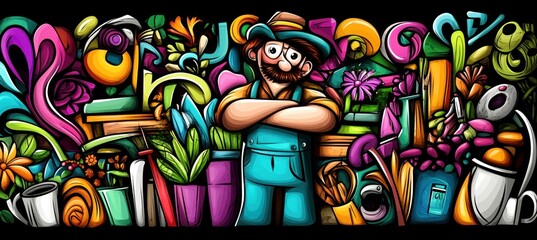 Wall Mural - A colorful illustration of a gardener surrounded by plants and gardening tools.