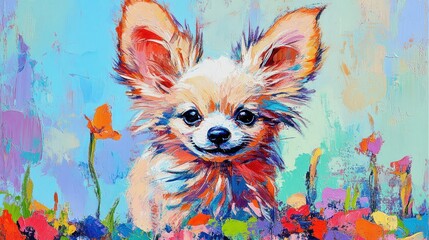 Poster - A vibrant painting of a cute Chihuahua surrounded by colorful flowers.