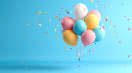 Poster - A cluster of colorful balloons with confetti against a blue background, symbolizing celebration.