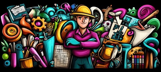 Sticker - A colorful illustration featuring a confident person surrounded by various creative tools and objects.