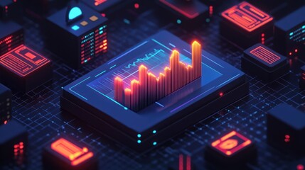 Canvas Print - A digital representation of data analytics with glowing graphs on a circuit board.