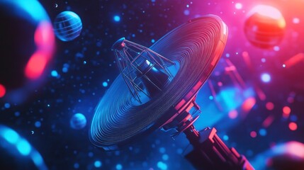 Wall Mural - a futuristic satellite dish amidst colorful cosmic elements, symbolizing space exploration.