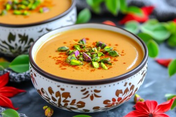 Soft, creamy rasmalai soaking in a pool of saffron-infused milk, garnished with pistachios and saffron strands, served in a decorative bowl