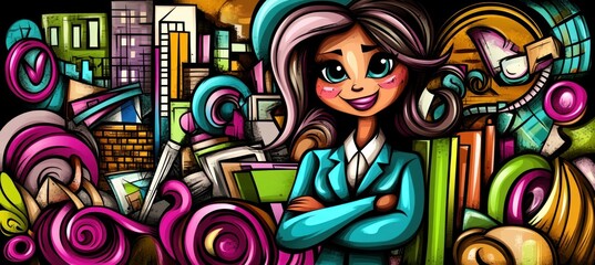 Wall Mural - A vibrant, stylized illustration of a confident woman in a business setting surrounded by colorful elements.