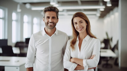 Wall Mural - Smiling business man and woman standing in the office, smiling at the camera.