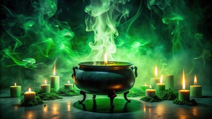 Mystical cauldron surrounded by green smoke and flickering candles, magic, potion, witchcraft, spell, witch, sorcery