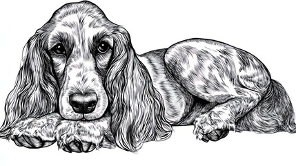 Poster - A detailed black-and-white illustration of a resting dog with a serene expression.