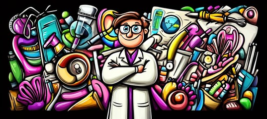 Canvas Print - A colorful illustration of a scientist surrounded by various lab equipment and tools.