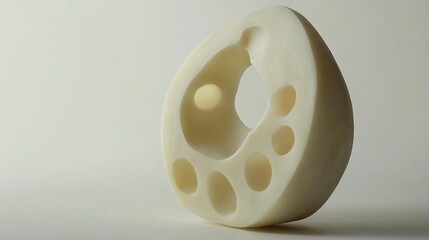 Sticker - A sculptural piece resembling cheese, featuring various holes and a smooth surface.