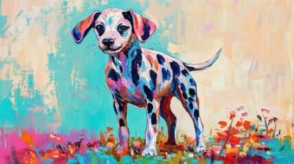 Wall Mural - A vibrant, colorful painting of a playful Dalmatian puppy standing in a field of flowers.