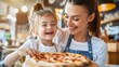 © maesarin - Happy mother and daughter laughing and sharing a delicious pizza together in a bright inviting cafe representing the joyful and relaxing moments of family bonding and time