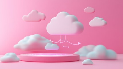 Wall Mural - A whimsical 3D illustration of stylized clouds on a pink background, suggesting a digital theme.