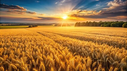 High angle view of wheat fields at golden hour bathed in sunlight