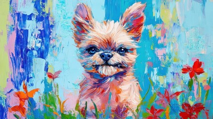 Poster - A vibrant painting of a small dog surrounded by colorful flowers.