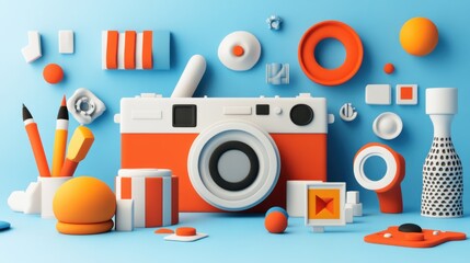 Wall Mural - A playful arrangement of colorful camera-themed objects and shapes against a blue background.