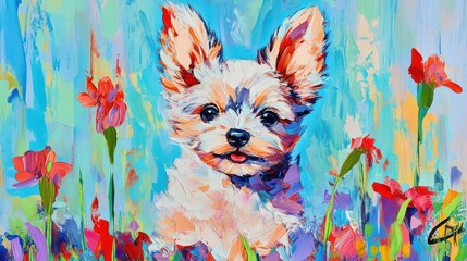 Sticker - A vibrant painting of a small dog surrounded by colorful flowers.