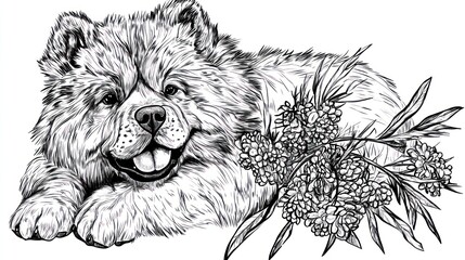 Canvas Print - A cheerful dog lying next to a floral arrangement, illustrated in a detailed line art style.