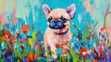 Canvas Print - A colorful painting of a French Bulldog surrounded by vibrant flowers in a lively landscape.