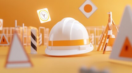 Poster - A construction helmet surrounded by safety signs and cones on a vibrant orange background.