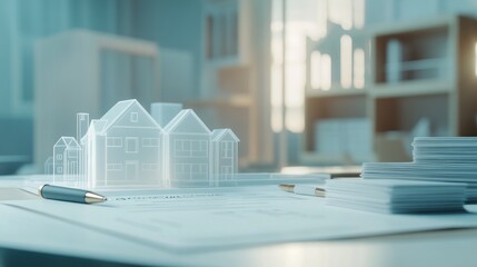 Sticker - A digital model of houses over architectural plans in a modern workspace.