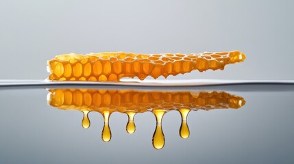 Poster - A piece of honeycomb reflecting on a surface, with honey dripping from it.