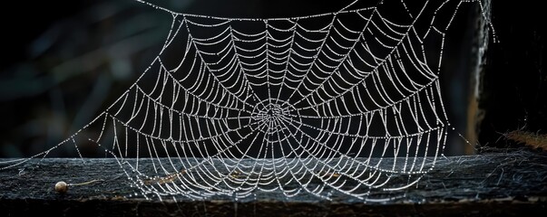 A close-up of a delicate spider web adorned with morning dew, glistening in the light, showcasing nature's intricate designs.