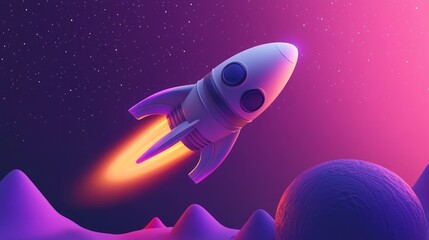 Wall Mural - a stylized rocket soaring through a colorful cosmic landscape.