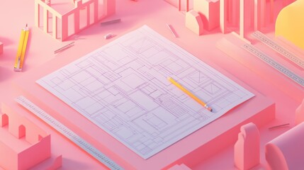 Sticker - A minimalist architectural workspace featuring a blueprint and drafting tools.