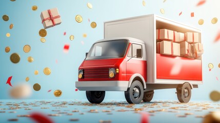 Wall Mural - A red delivery truck filled with packages, surrounded by confetti and coins, symbolizing celebration.