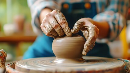 Close up view of artisan s hands skillfully shaping and molding clay on a pottery wheel in a creative studio or workshop setting