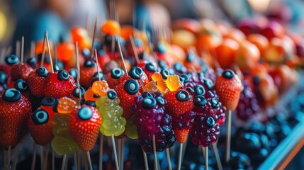 Canvas Print - Colorful fruit skewers arranged attractively for a festive display.