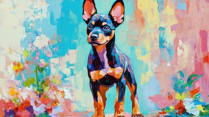 Poster - A vibrant, colorful painting of a small dog standing amidst an abstract background.