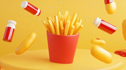 Sticker - A surreal image featuring a red cup of fries surrounded by floating pill bottles.