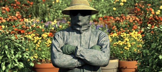 Poster - A figure in protective gear stands among colorful flowers in a garden.