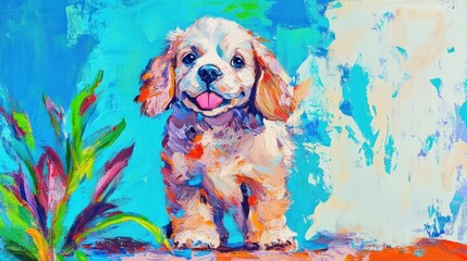 Canvas Print - A colorful painting of a happy puppy standing beside vibrant plants.