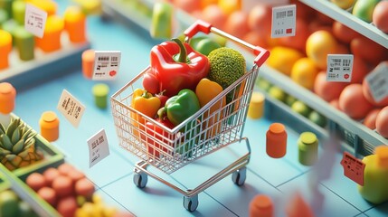 Wall Mural - A shopping cart filled with colorful vegetables in a grocery store.